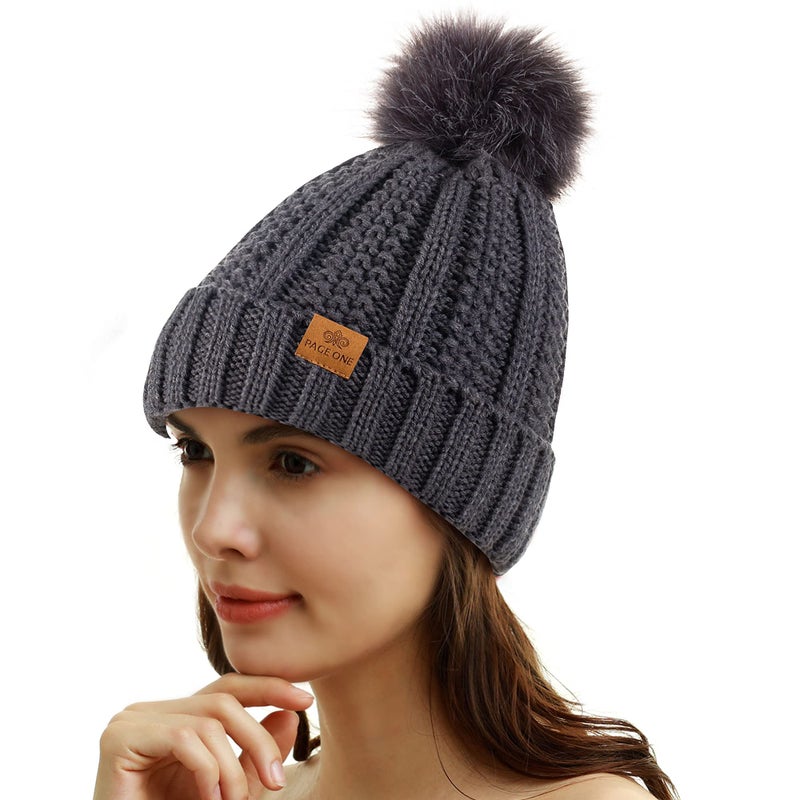PAGE ONE Womens Winter Thick Cable Knit Beanie Faux Fur Pom Hat Fleece Lined Skull Cap Dark Gray - Image 2